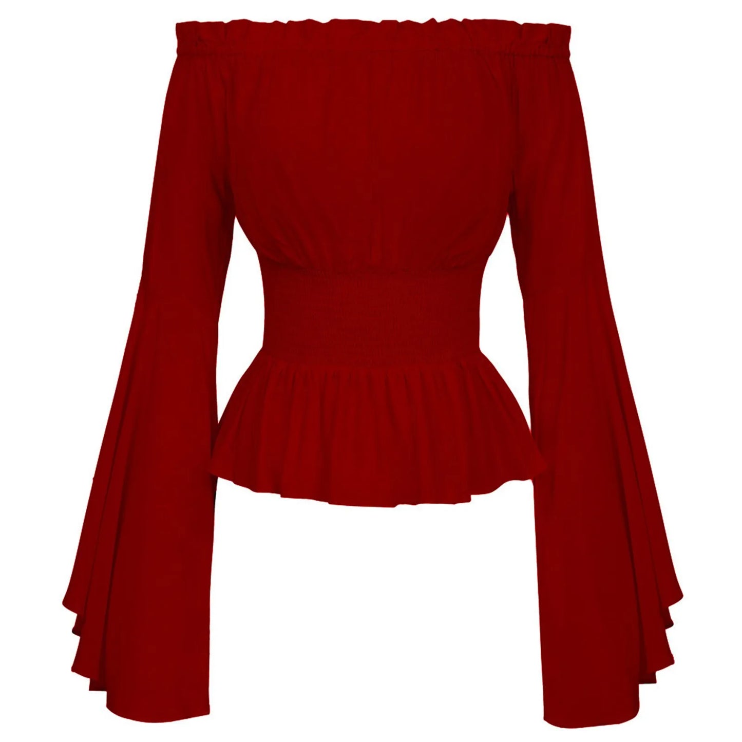 Women's Bohemian Shirt Top Gothic Ruffle Edge Shirt One Line Collar Blouse Long Sleeved Ladies Solid Blouse Boho Top