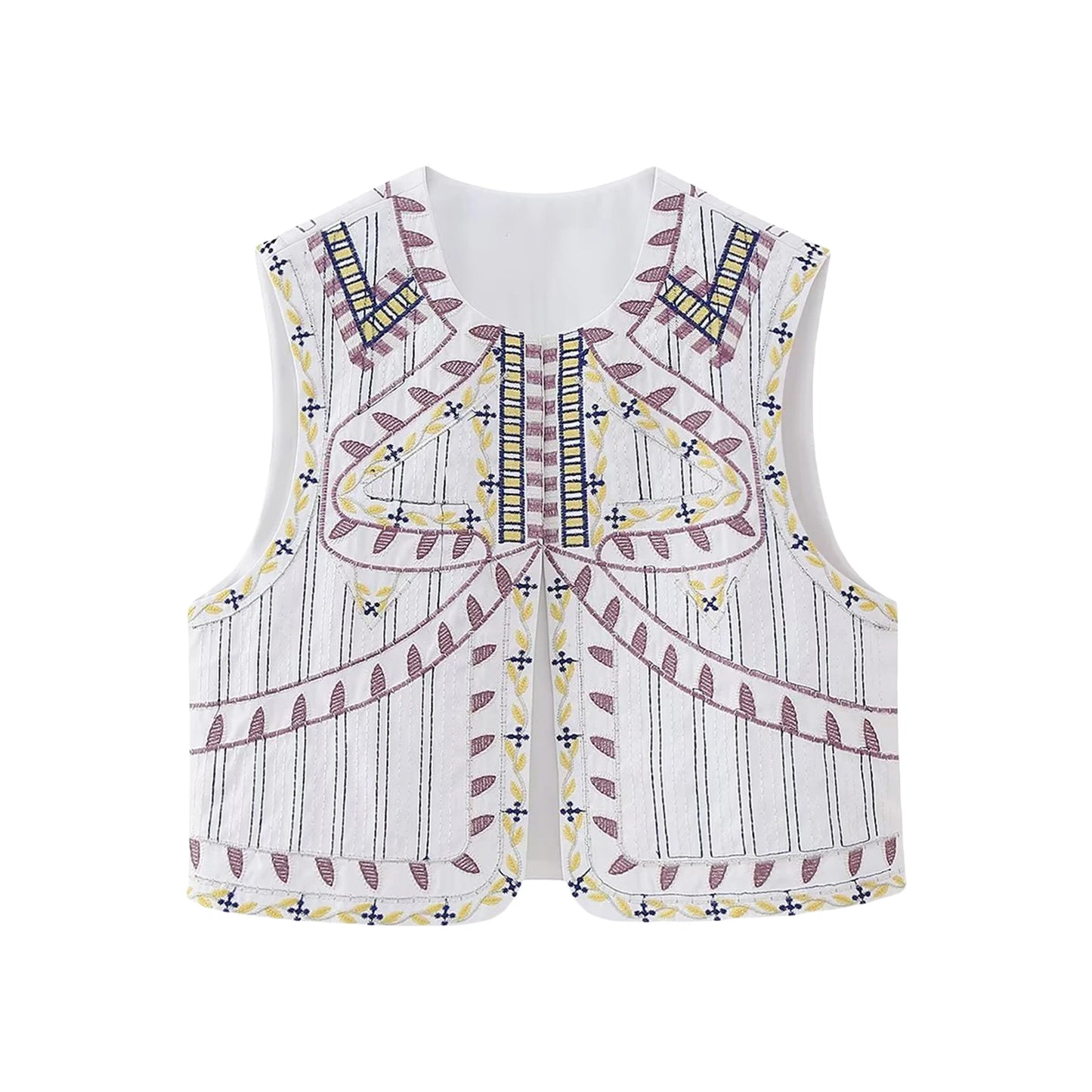 Combhasaki Women's Y2K Vintage Aesthetic Embroidery Vest Sleeveless Cardigan Round Neck Open Front Cropped Jackets Boho Outwear