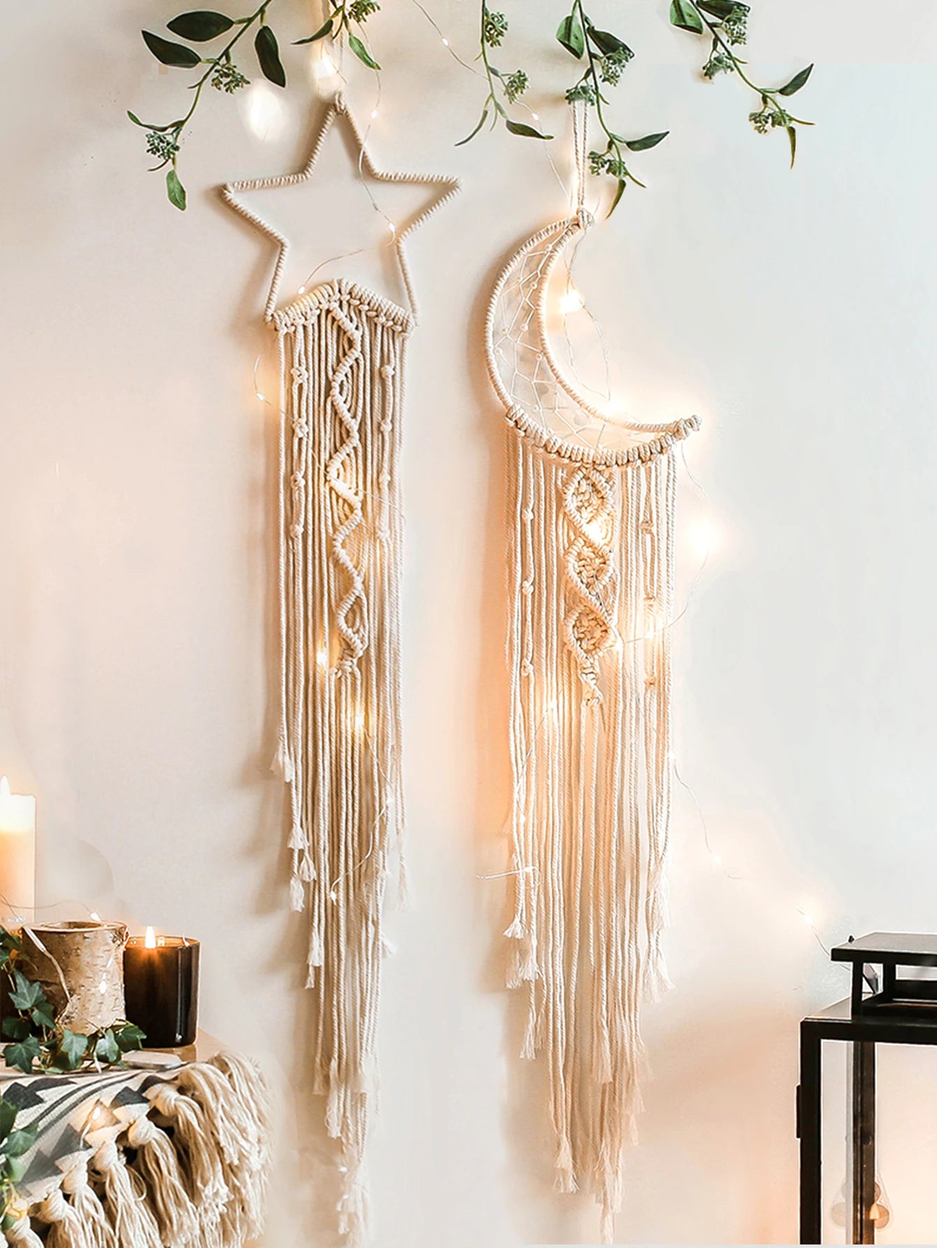 2Pcs Moon Star Macrame Dream Catcher Beige Pink Purple Tapestry Boho Home Decoration Macrame Wall Hanging Christmas Gift Kawaii