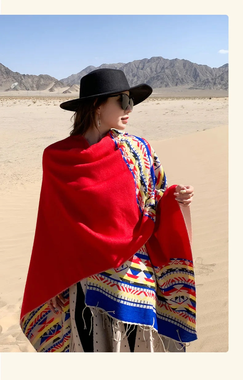 WeHello - Bohemian shawl tie dyed stripe overlay, imitation cashmere cape ethnic style warmth overlay with scarf