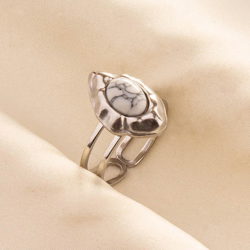 Chic Bohemian White Turquoise Statement Silver Color Ring Stainless Steel Opening Adjustable Boho Ring Jewelry Gifts Never Fade