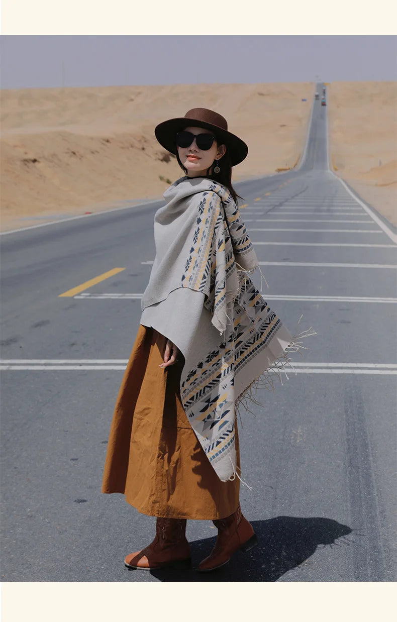 WeHello - Bohemian shawl tie dyed stripe overlay, imitation cashmere cape ethnic style warmth overlay with scarf