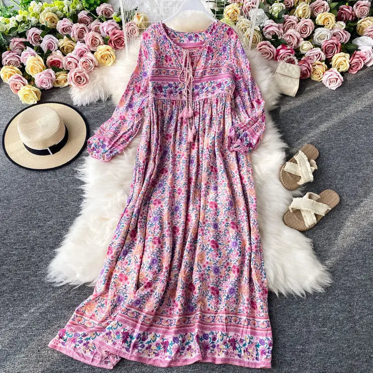 Vintage Women's Beach Skirt Dress Long Sleeve Floral Print Beach Bohemian Straight V-neck Maxi Dress Summer Ladies Dress