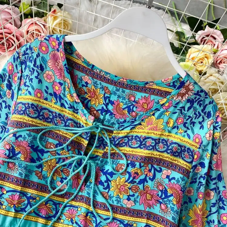 Vintage Women's Beach Skirt Dress Long Sleeve Floral Print Beach Bohemian Straight V-neck Maxi Dress Summer Ladies Dress