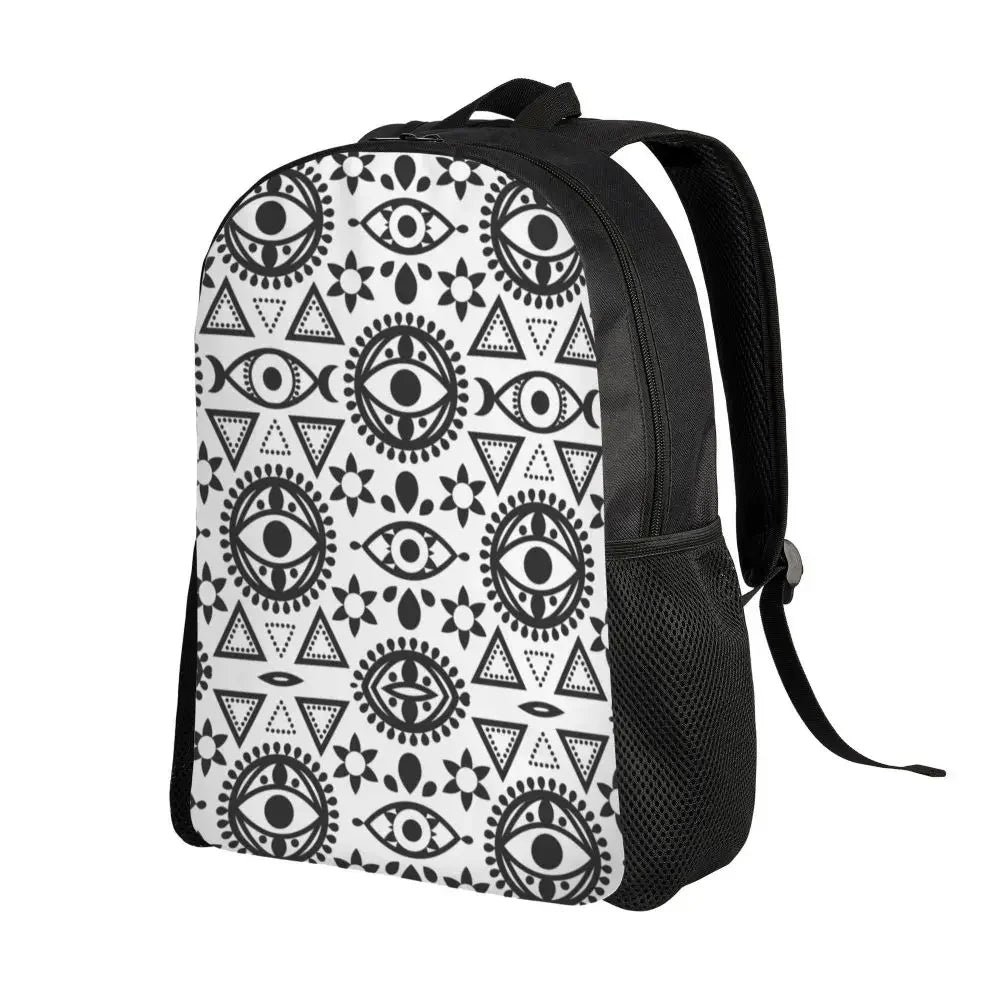 Custom Navy Blue White Mediterranean Evil Eye Mandala Pattern Backpacks Men Casual Bookbag for School College Bohemian Boho Bags
