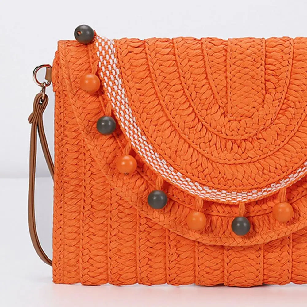 Handmade Straw Shoulder Bag with Beads Bohemian Style Large Capacity Crossbody Wallet Combo Magnetic Clasp Wallet Crossbody Bag