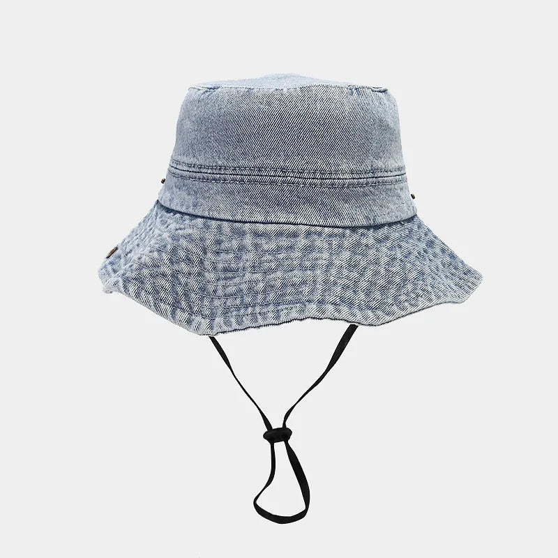 Women Girls Bucket Caps Pure Cotton Denim Stone-Washed Adjustable Safari Booney Sun Hats Wide Brim Adjustalbe
