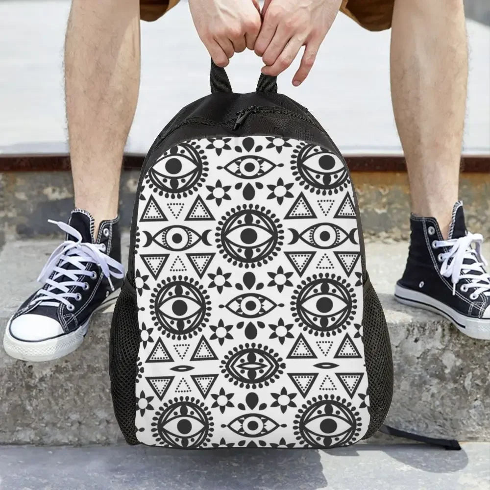 Custom Navy Blue White Mediterranean Evil Eye Mandala Pattern Backpacks Men Casual Bookbag for School College Bohemian Boho Bags