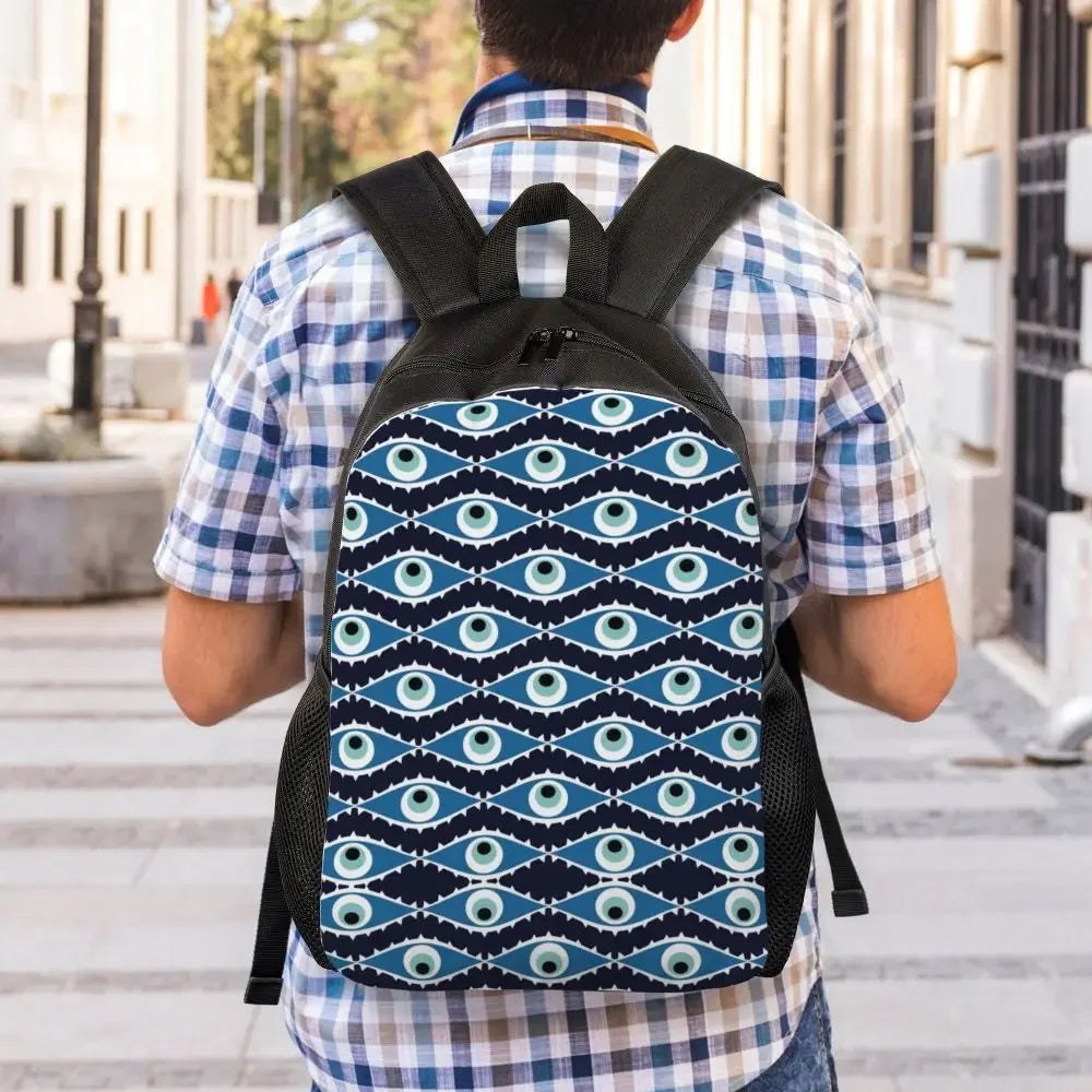 Custom Navy Blue White Mediterranean Evil Eye Mandala Pattern Backpacks Men Casual Bookbag for School College Bohemian Boho Bags