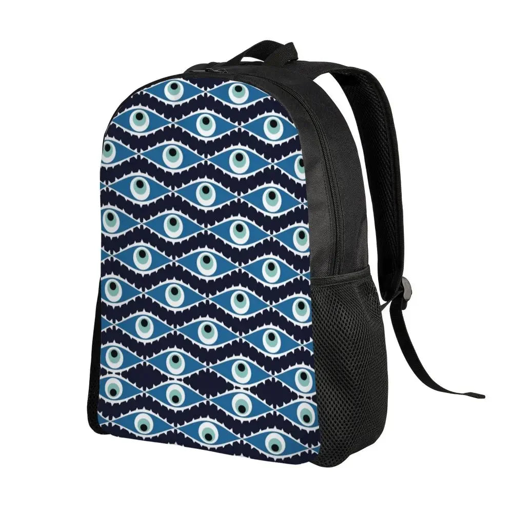 Custom Navy Blue White Mediterranean Evil Eye Mandala Pattern Backpacks Men Casual Bookbag for School College Bohemian Boho Bags