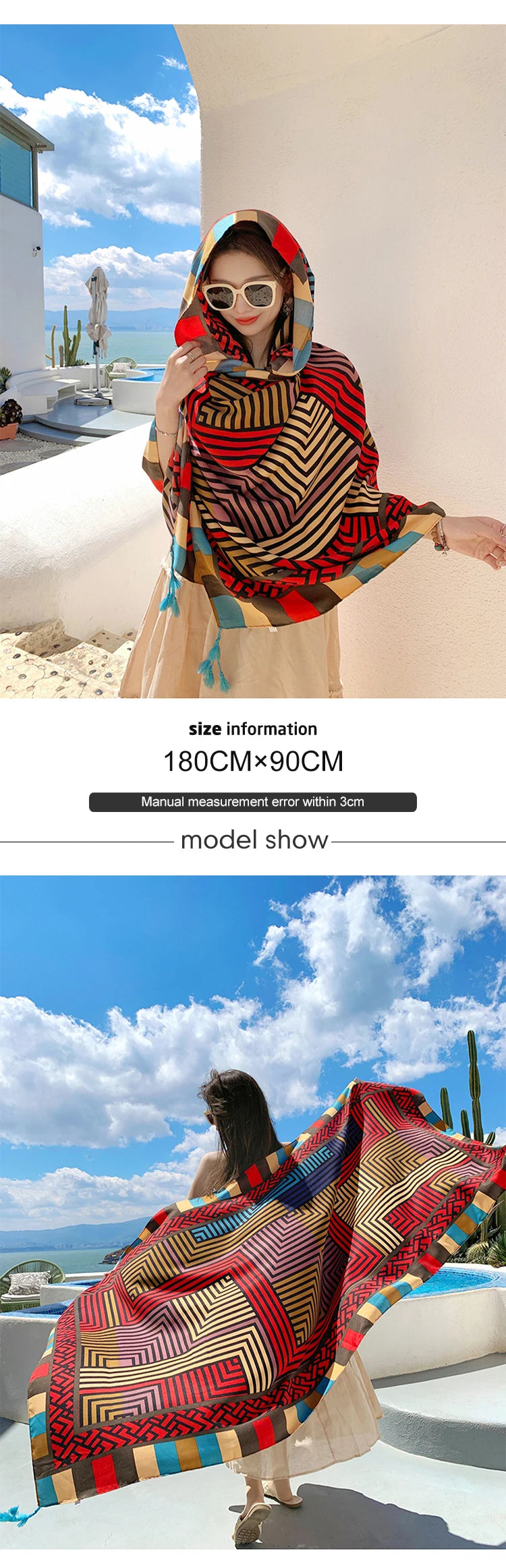 Summer Elegant Women Silk Scarf Beach Wrap Shawl Vintage Striped Print Lady Sunscreen Bandana Long Hijab Mujer Boho Scarve Pareo
