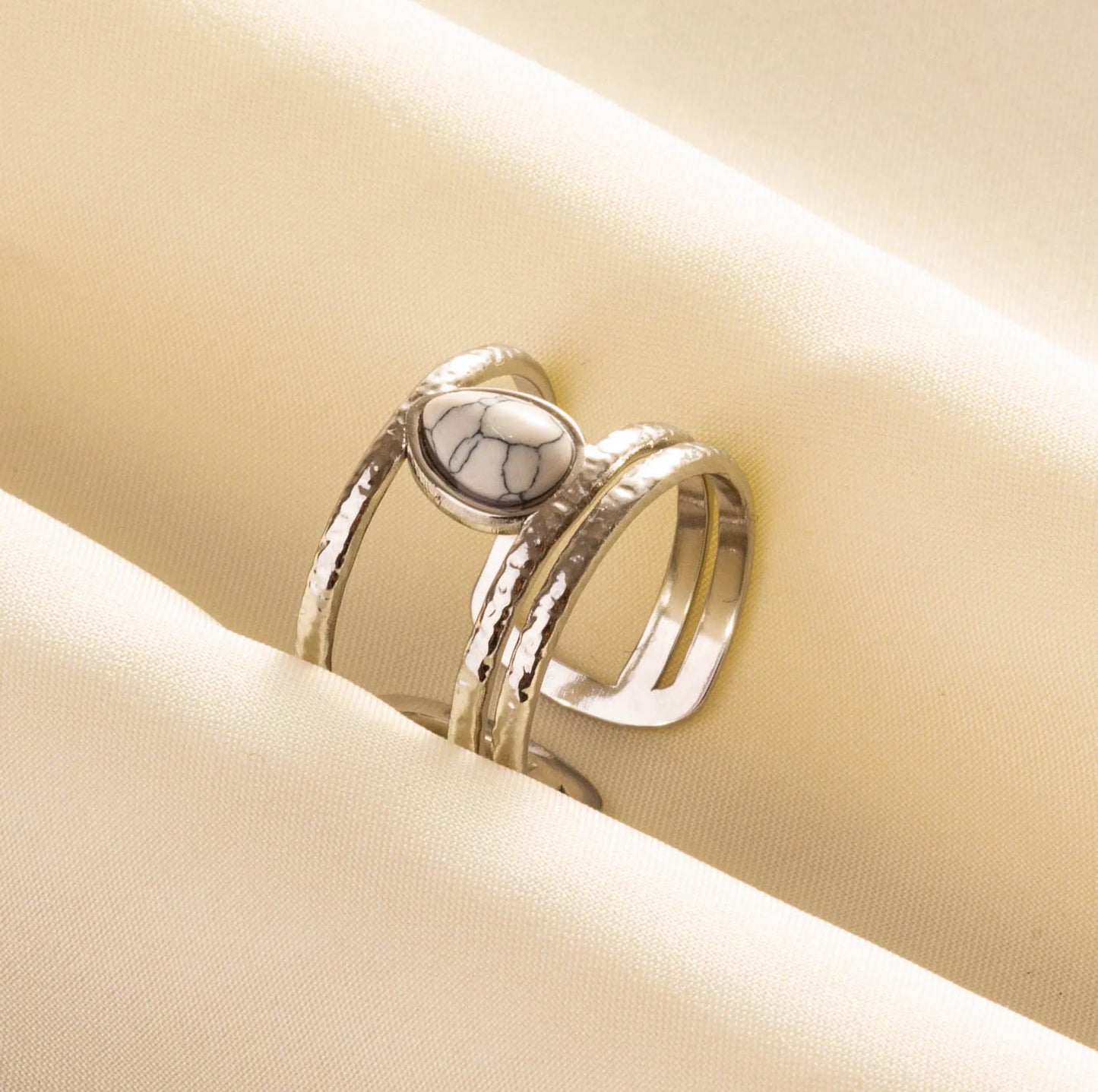 Chic Bohemian White Turquoise Statement Silver Color Ring Stainless Steel Opening Adjustable Boho Ring Jewelry Gifts Never Fade
