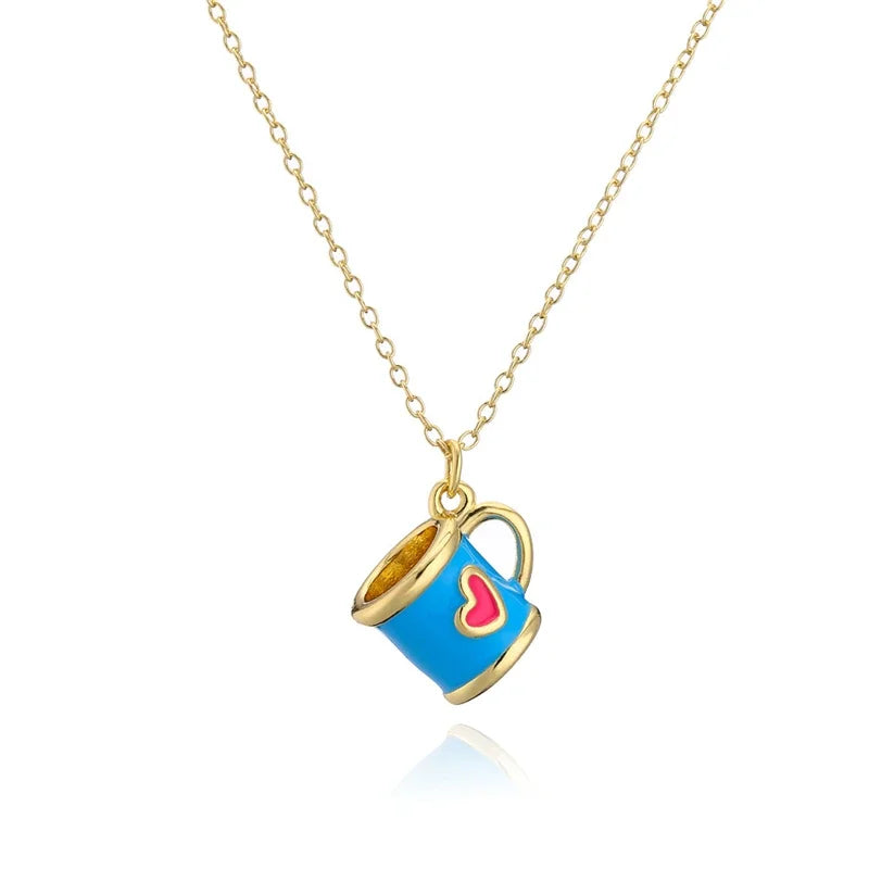 Boho Hand Made Tea Cup Necklace Pendant Woman Collier Long Gold Color Sweater Chain Clothing Enamel Collane Jewelry New