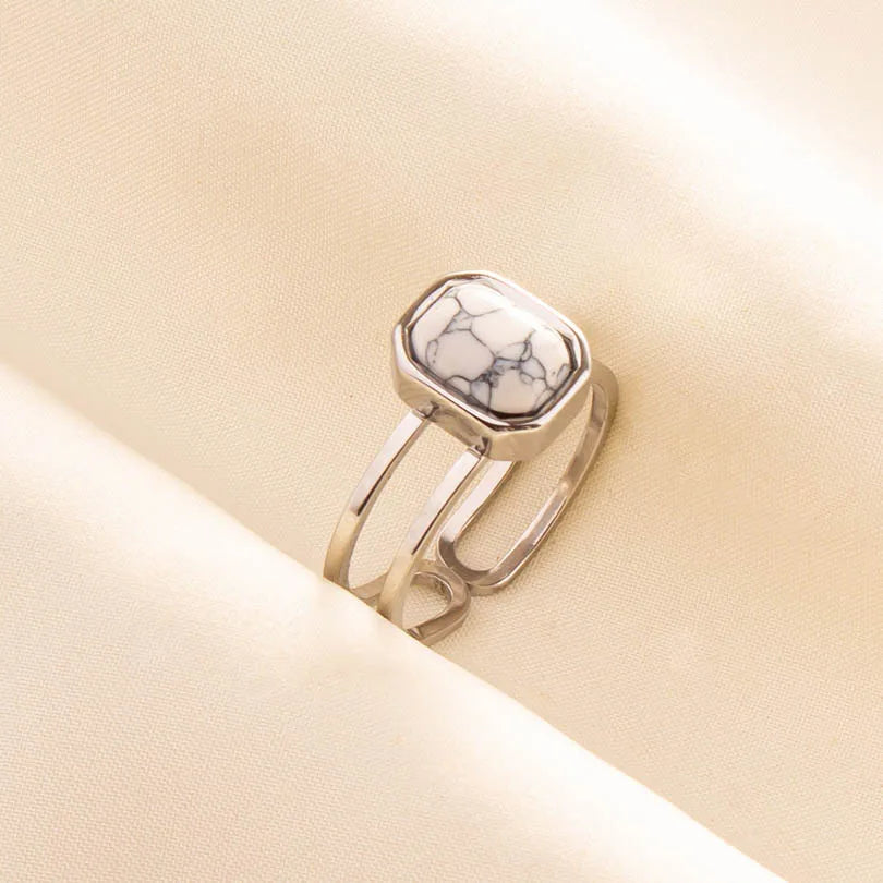 Chic Bohemian White Turquoise Statement Silver Color Ring Stainless Steel Opening Adjustable Boho Ring Jewelry Gifts Never Fade