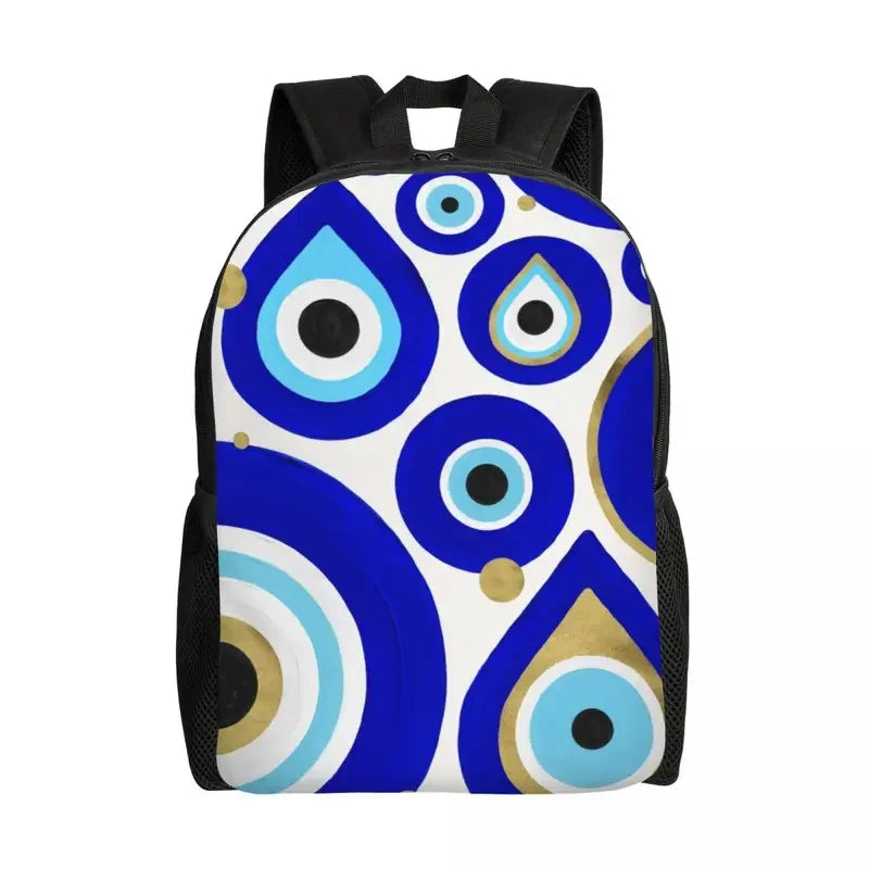 Custom Navy Blue White Mediterranean Evil Eye Mandala Pattern Backpacks Men Casual Bookbag for School College Bohemian Boho Bags