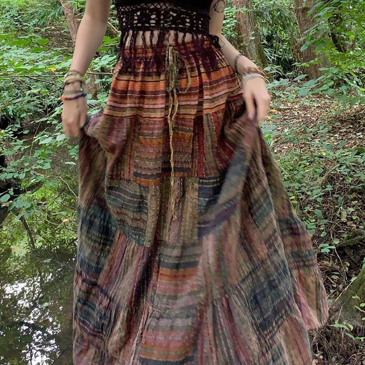 Autumn Vintage Retro Long Skirt Drawstring High Waisted Large Swing A Line Skirt Hip Hop Gothic Korean Y2k Flowy Boho Skirt