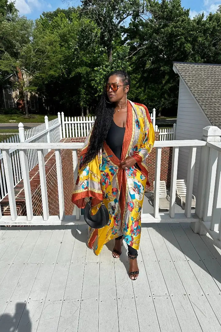 African Summer Fashion Lady Boho Silk Printed Loose Long Cardigans Causal Europe Women Beach Swimwear Duster Coats Muslim Robe