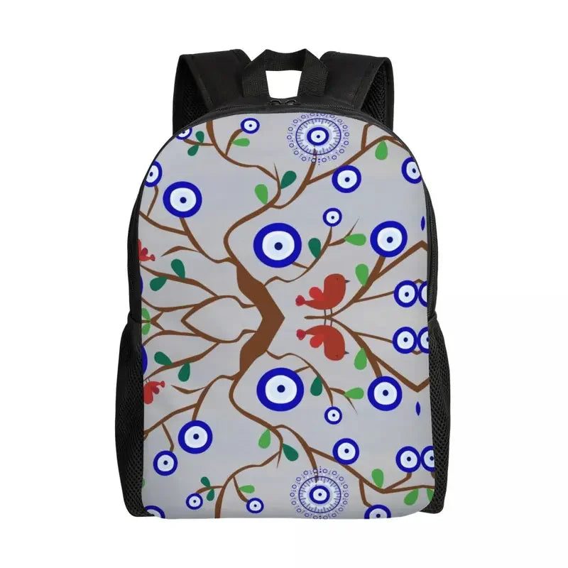 Custom Navy Blue White Mediterranean Evil Eye Mandala Pattern Backpacks Men Casual Bookbag for School College Bohemian Boho Bags