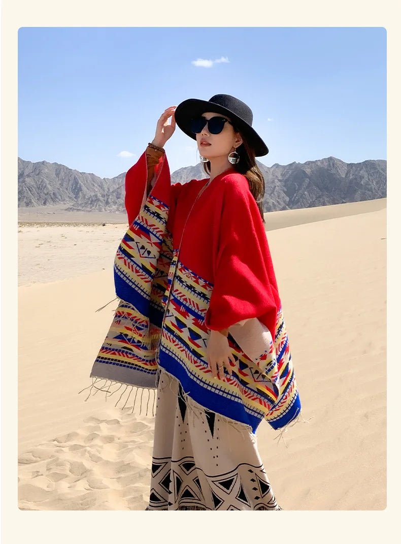WeHello - Bohemian shawl tie dyed stripe overlay, imitation cashmere cape ethnic style warmth overlay with scarf