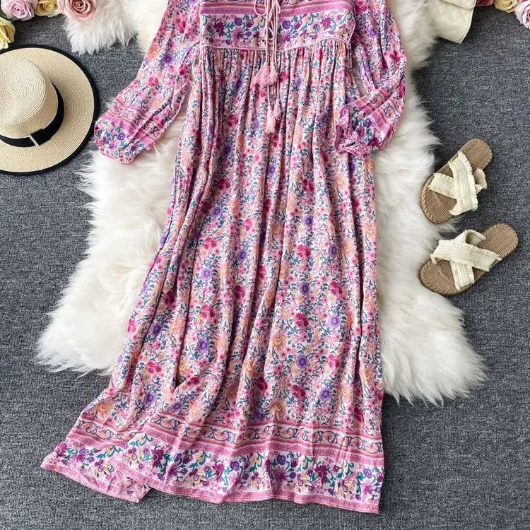 Vintage Women's Beach Skirt Dress Long Sleeve Floral Print Beach Bohemian Straight V-neck Maxi Dress Summer Ladies Dress