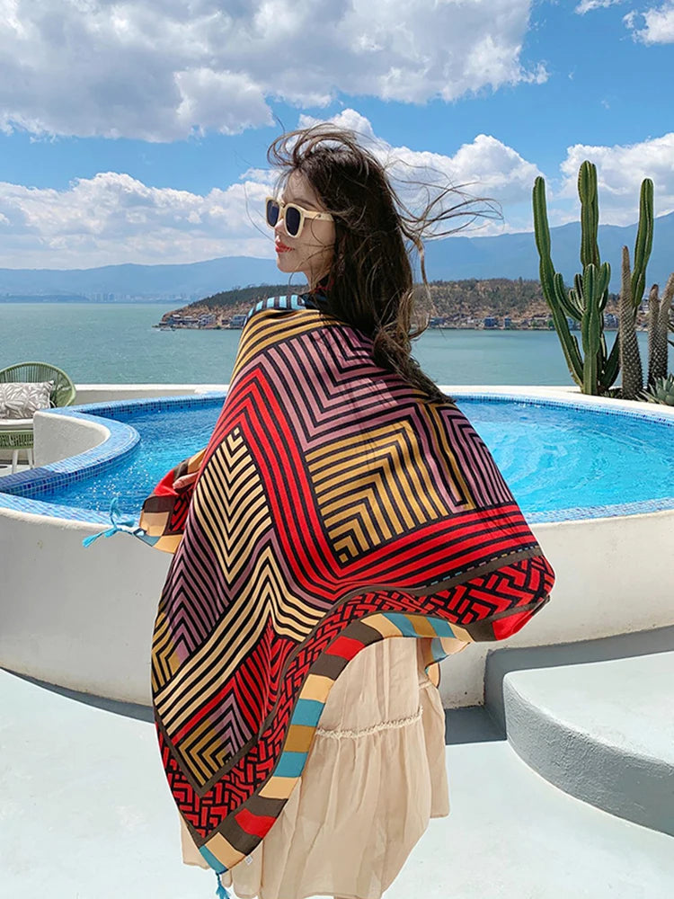 Summer Elegant Women Silk Scarf Beach Wrap Shawl Vintage Striped Print Lady Sunscreen Bandana Long Hijab Mujer Boho Scarve Pareo
