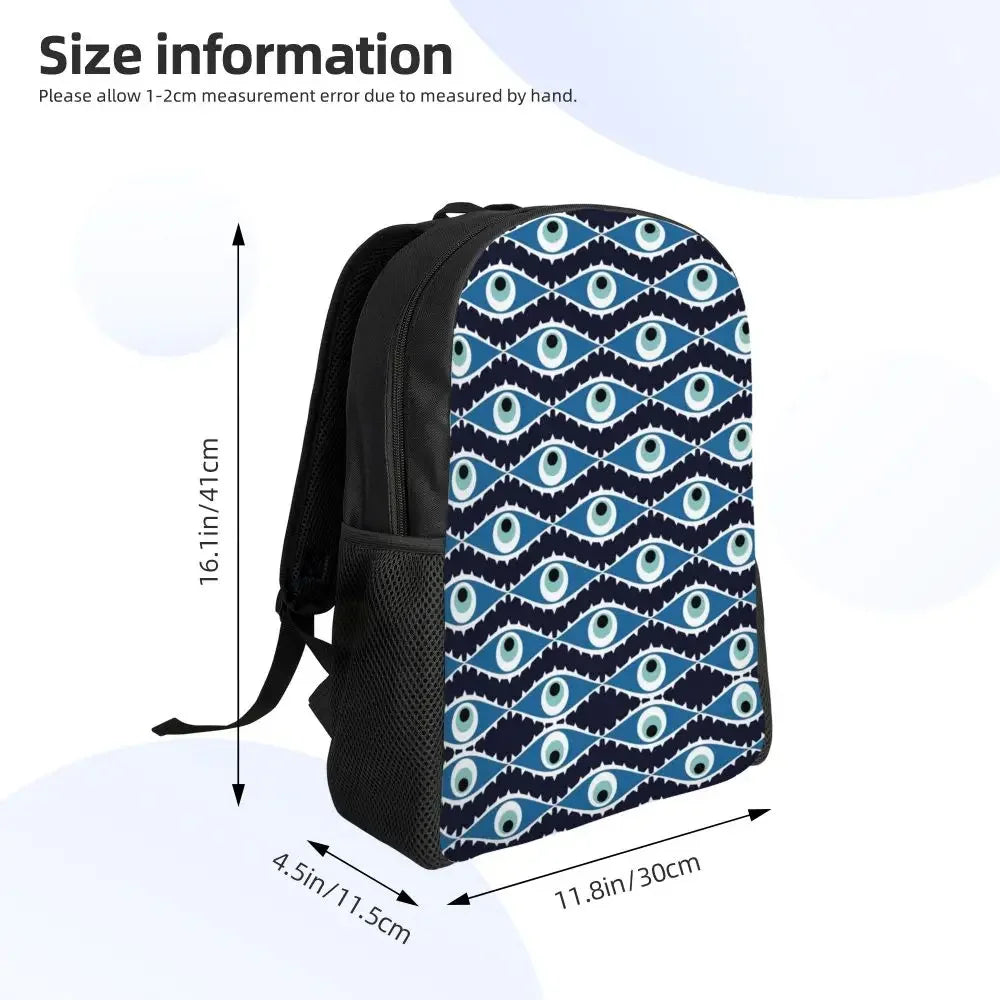 Custom Navy Blue White Mediterranean Evil Eye Mandala Pattern Backpacks Men Casual Bookbag for School College Bohemian Boho Bags