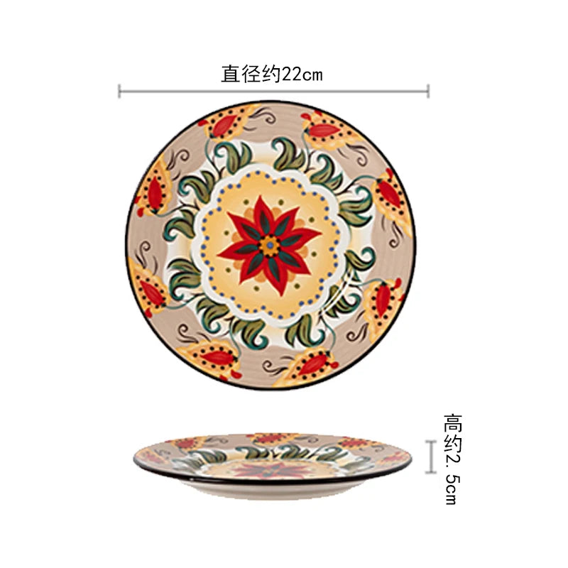 Creative Boho Ceramic Plate European Classical Painted Steak Pasta Dinner Plates Restaurant Hotel Serving Tray Home Tableware