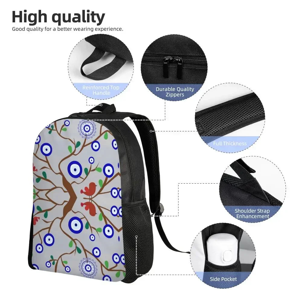Custom Navy Blue White Mediterranean Evil Eye Mandala Pattern Backpacks Men Casual Bookbag for School College Bohemian Boho Bags