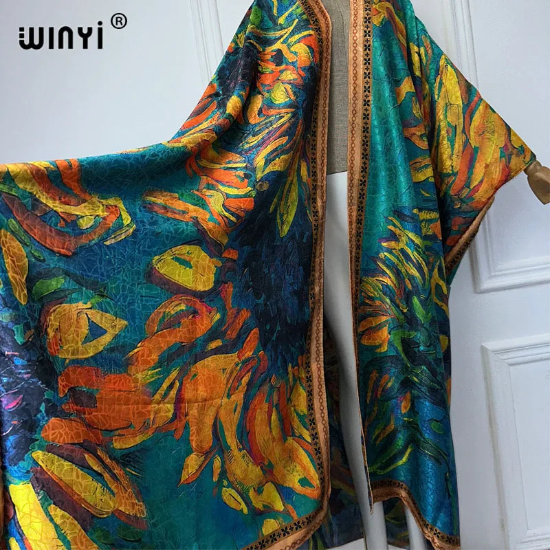 WINYI high quality boho print open coat Beach Wear Cover up elegant kaftan abaya dubai luxury Cardigan kimono maxi dress
