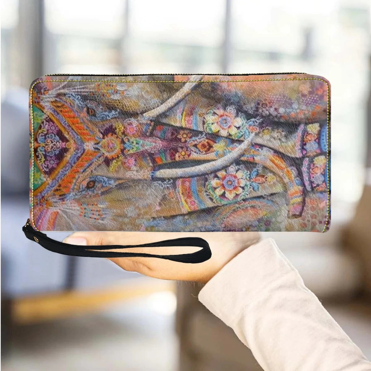 Bohemian Elephant Print Luxury PU Leather Party Clutch Long Zipper Elegant Clutch Business Card Holder High Quality Wallet Femal