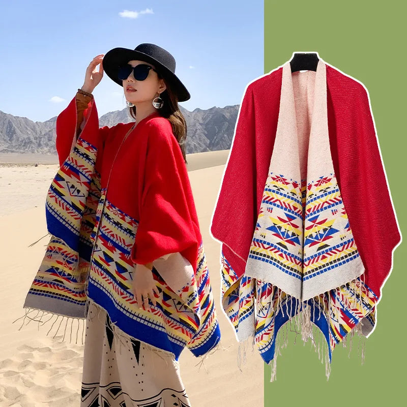WeHello - Bohemian shawl tie dyed stripe overlay, imitation cashmere cape ethnic style warmth overlay with scarf
