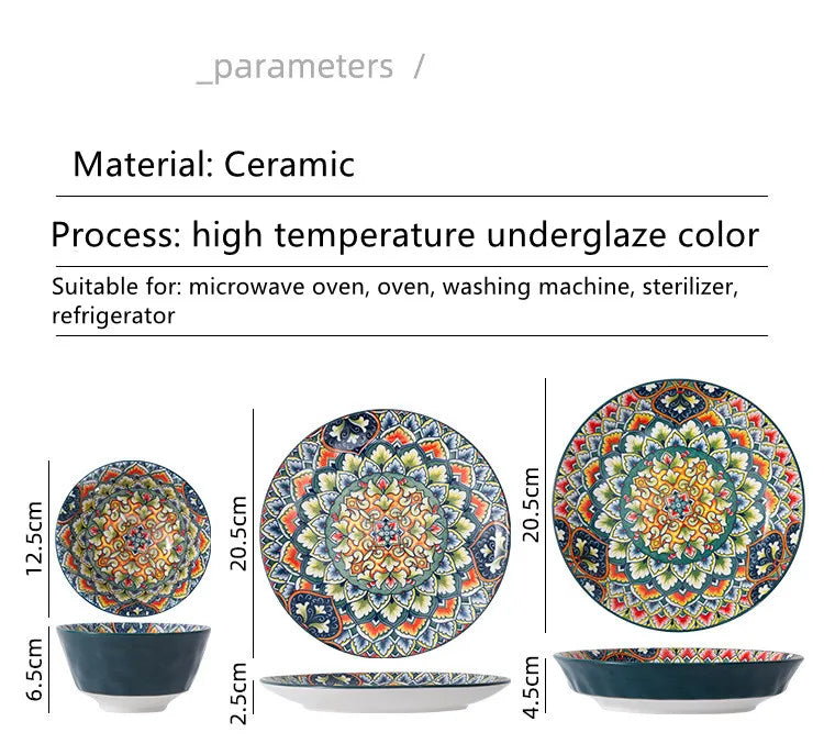 Retro Ceramic Dinner Plates Set Bohemia Style Food Plate Household Tableware Set Breakfast Plates Salad Soup Bowls Dinnerware