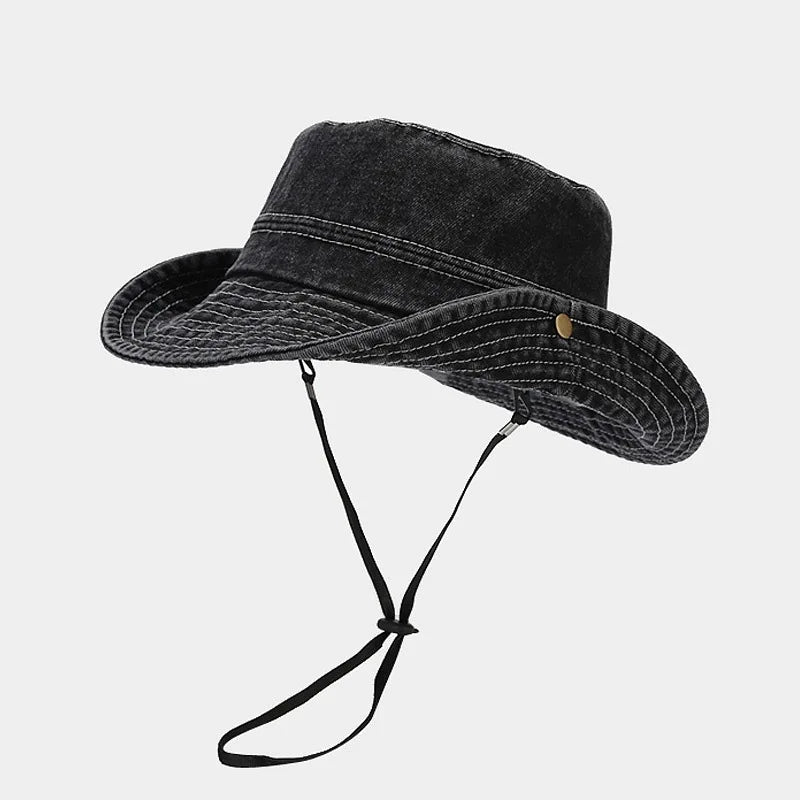 Women Girls Bucket Caps Pure Cotton Denim Stone-Washed Adjustable Safari Booney Sun Hats Wide Brim Adjustalbe