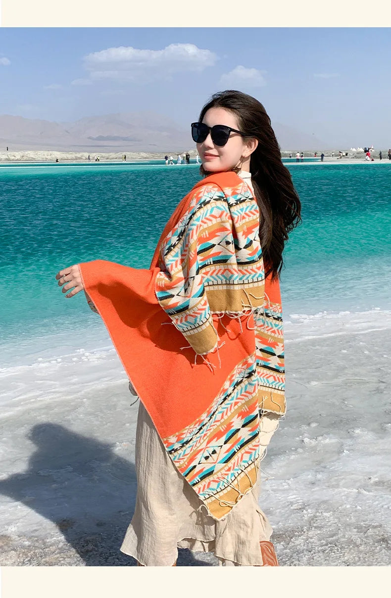 WeHello - Bohemian shawl tie dyed stripe overlay, imitation cashmere cape ethnic style warmth overlay with scarf