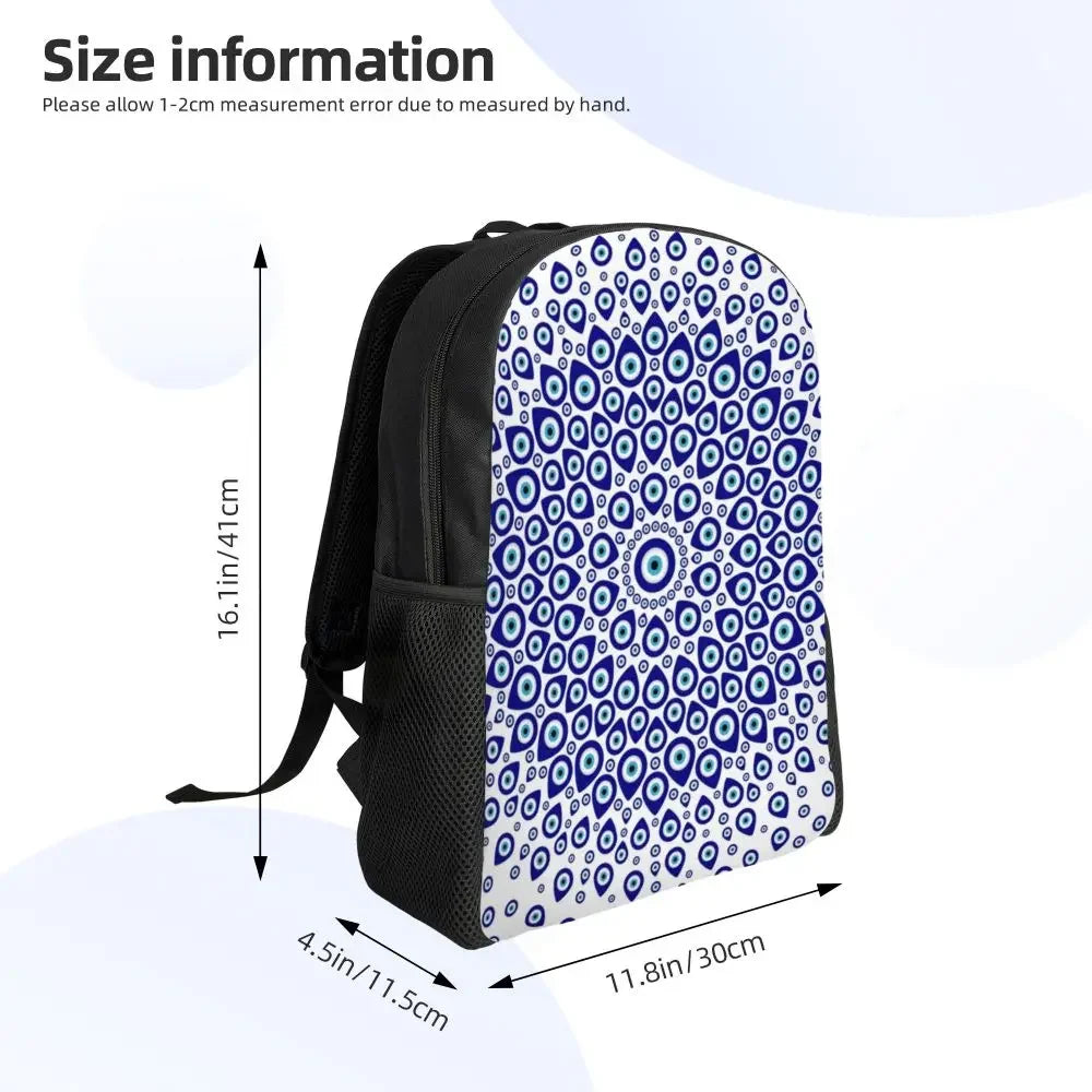 Custom Navy Blue White Mediterranean Evil Eye Mandala Pattern Backpacks Men Casual Bookbag for School College Bohemian Boho Bags