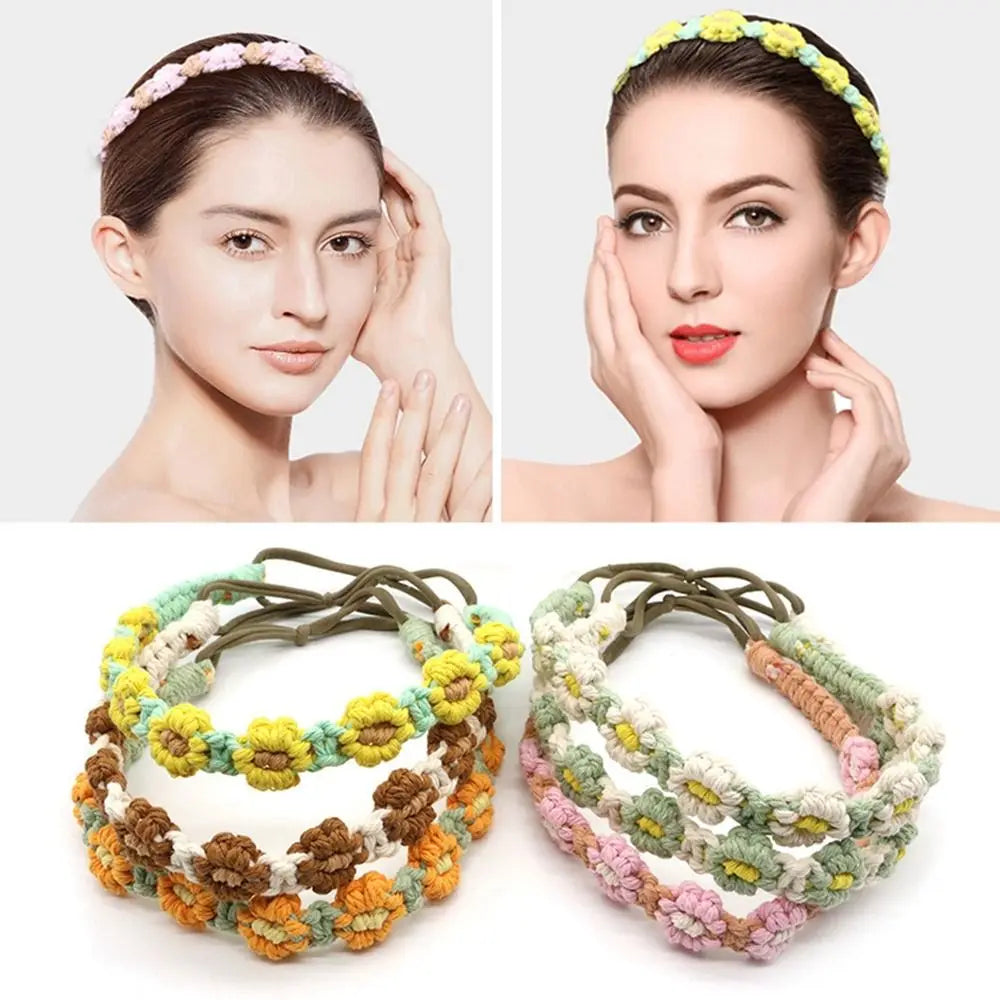 Cute Ethnic Style Flower Turban Headwrap Braided Rope Bohemian Headband Macrame Hair Band Women Hair Scarf Crochet Bandana