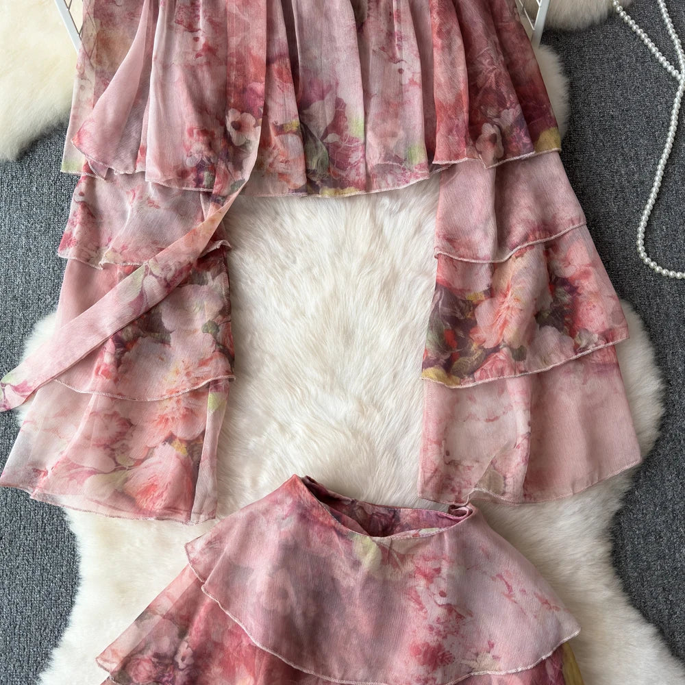Holiday Ruffles Beach Skirts Suit Women Fashion Off Shoulder Floral Chiffon Tops  High Waist Mini Skirt Womens Two Peice Sets