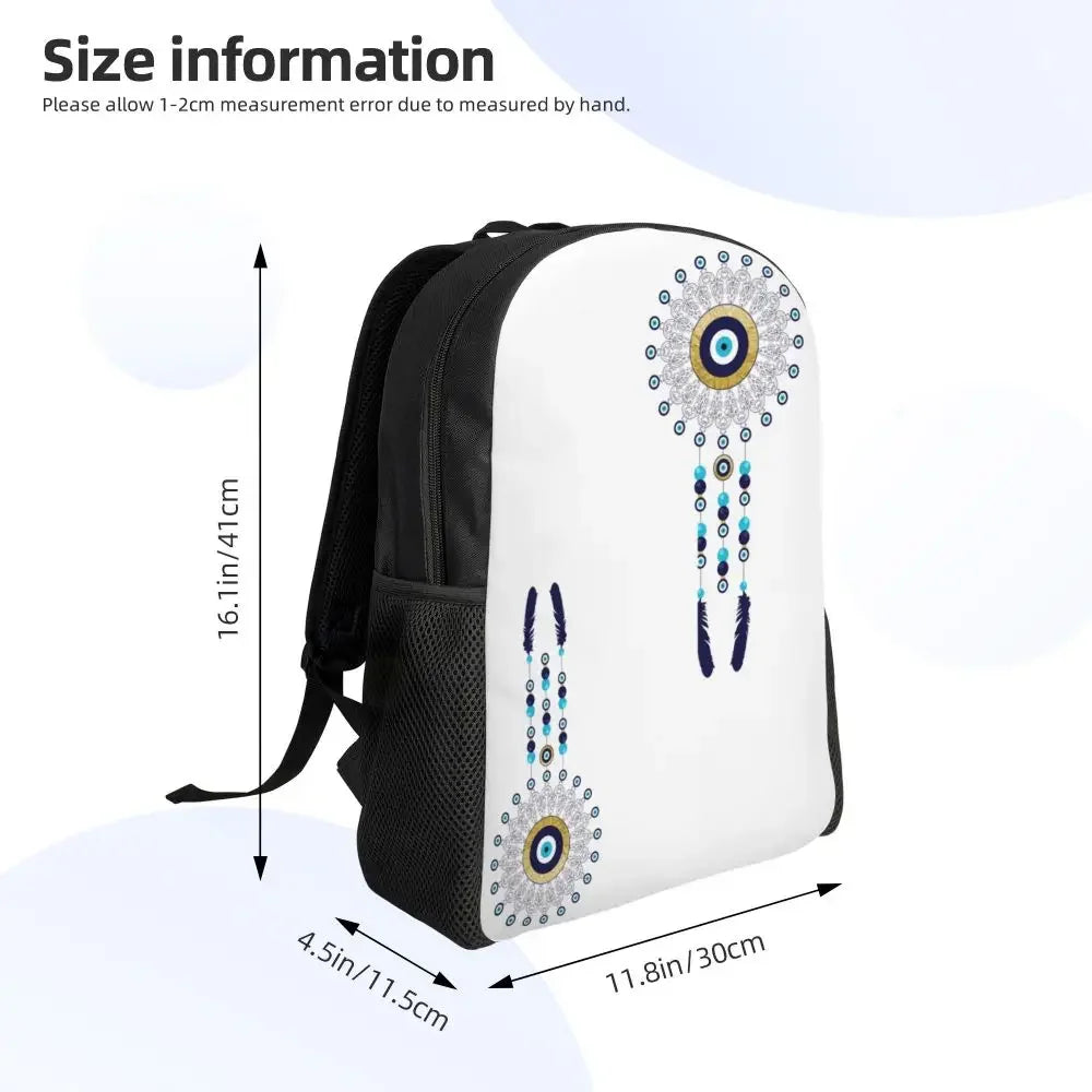 Custom Navy Blue White Mediterranean Evil Eye Mandala Pattern Backpacks Men Casual Bookbag for School College Bohemian Boho Bags