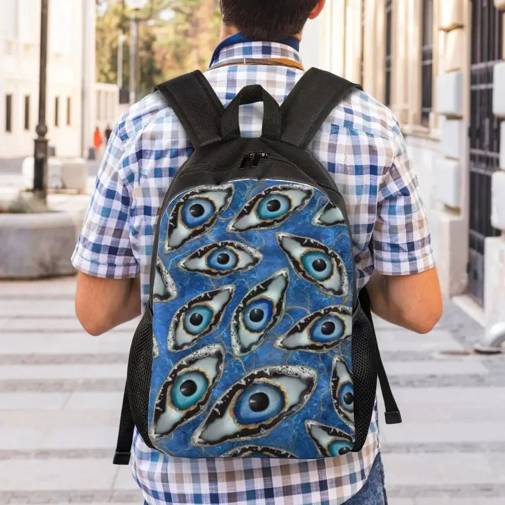Custom Navy Blue White Mediterranean Evil Eye Mandala Pattern Backpacks Men Casual Bookbag for School College Bohemian Boho Bags