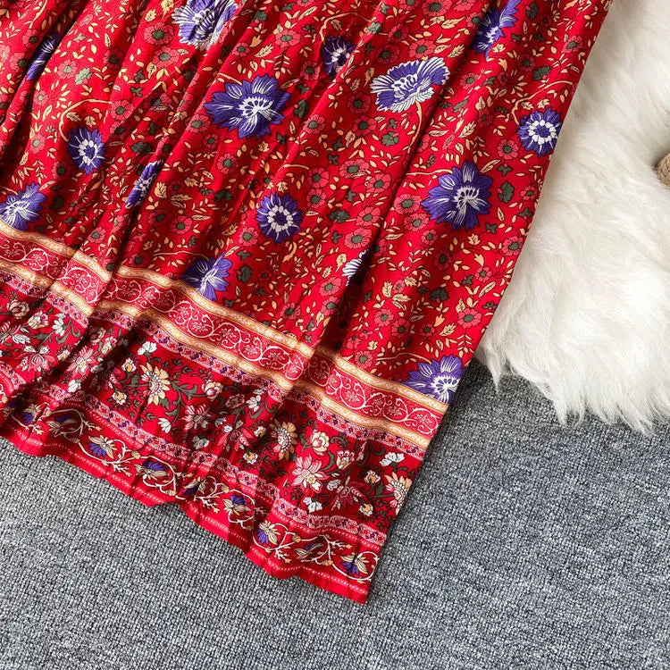 Vintage Women's Beach Skirt Dress Long Sleeve Floral Print Beach Bohemian Straight V-neck Maxi Dress Summer Ladies Dress