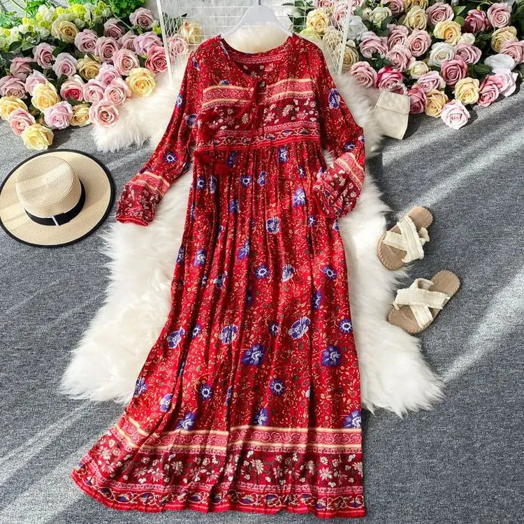 Vintage Women's Beach Skirt Dress Long Sleeve Floral Print Beach Bohemian Straight V-neck Maxi Dress Summer Ladies Dress