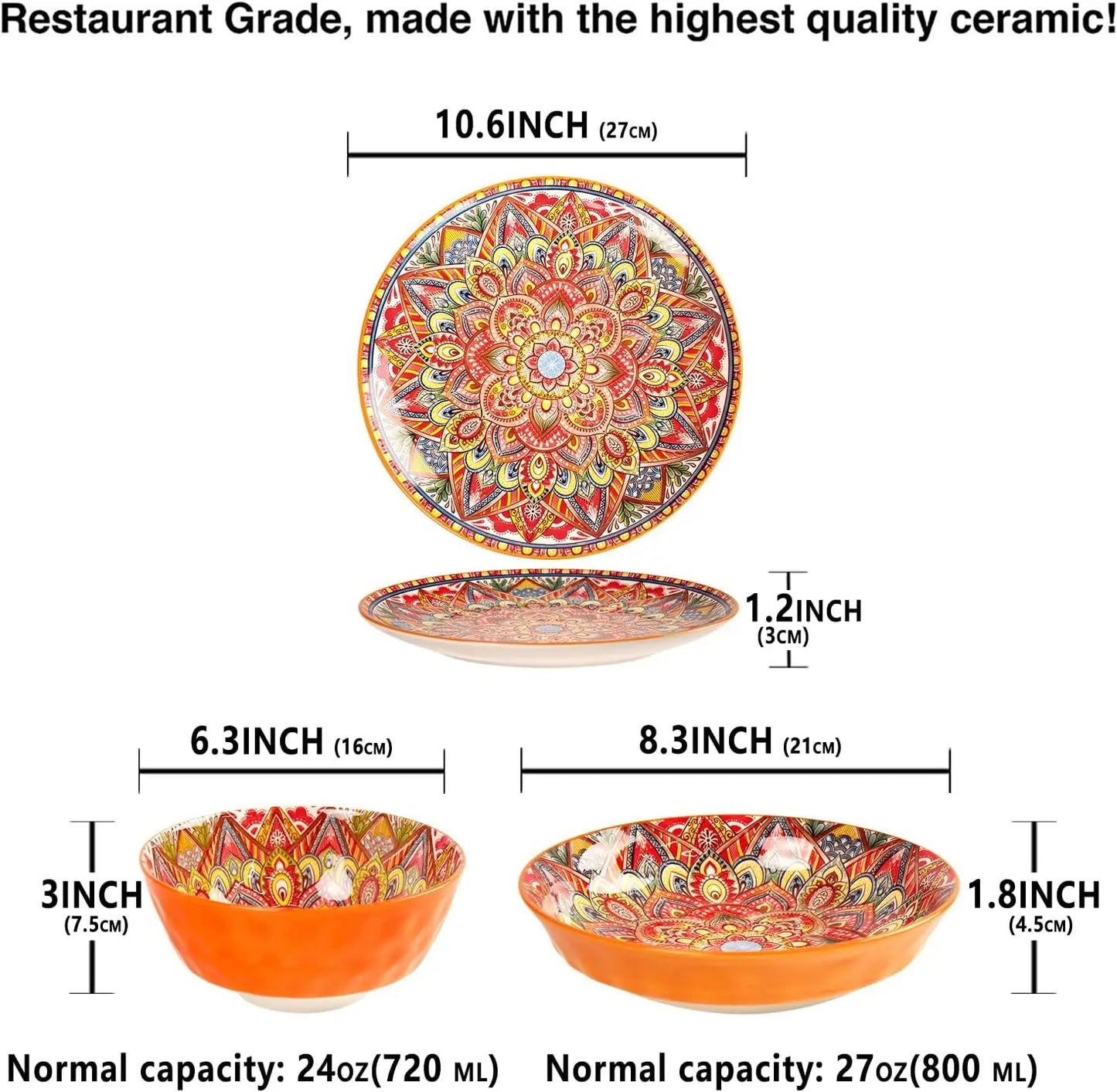 Dinnerware Sets (12 pcs) Serves for 4, Buffet Dinnerware, Boho Plates and Bowls Set with 8.3"salad Plate 10.6"dinner Plate 6.3"b