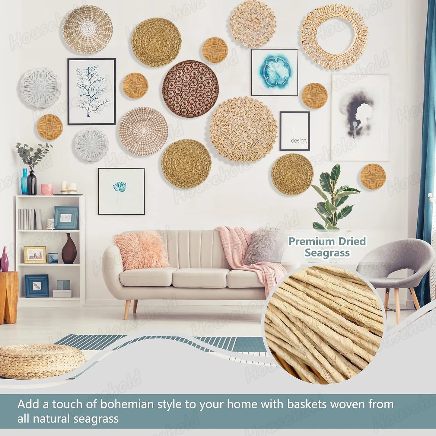 Woven Wall Basket Plate Boho Hanging Seagrass Wall Decor Natural Handmade Home Art for Living Room/Farmhouse/Kitchen