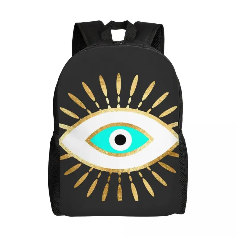 Custom Navy Blue White Mediterranean Evil Eye Mandala Pattern Backpacks Men Casual Bookbag for School College Bohemian Boho Bags