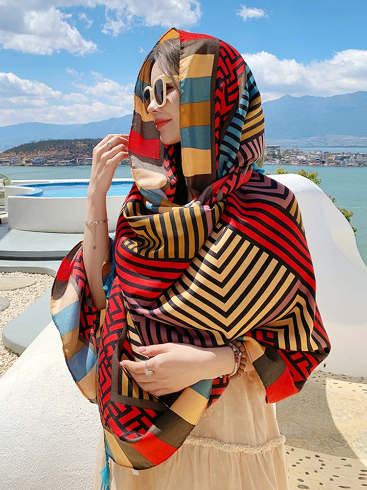 Summer Elegant Women Silk Scarf Beach Wrap Shawl Vintage Striped Print Lady Sunscreen Bandana Long Hijab Mujer Boho Scarve Pareo