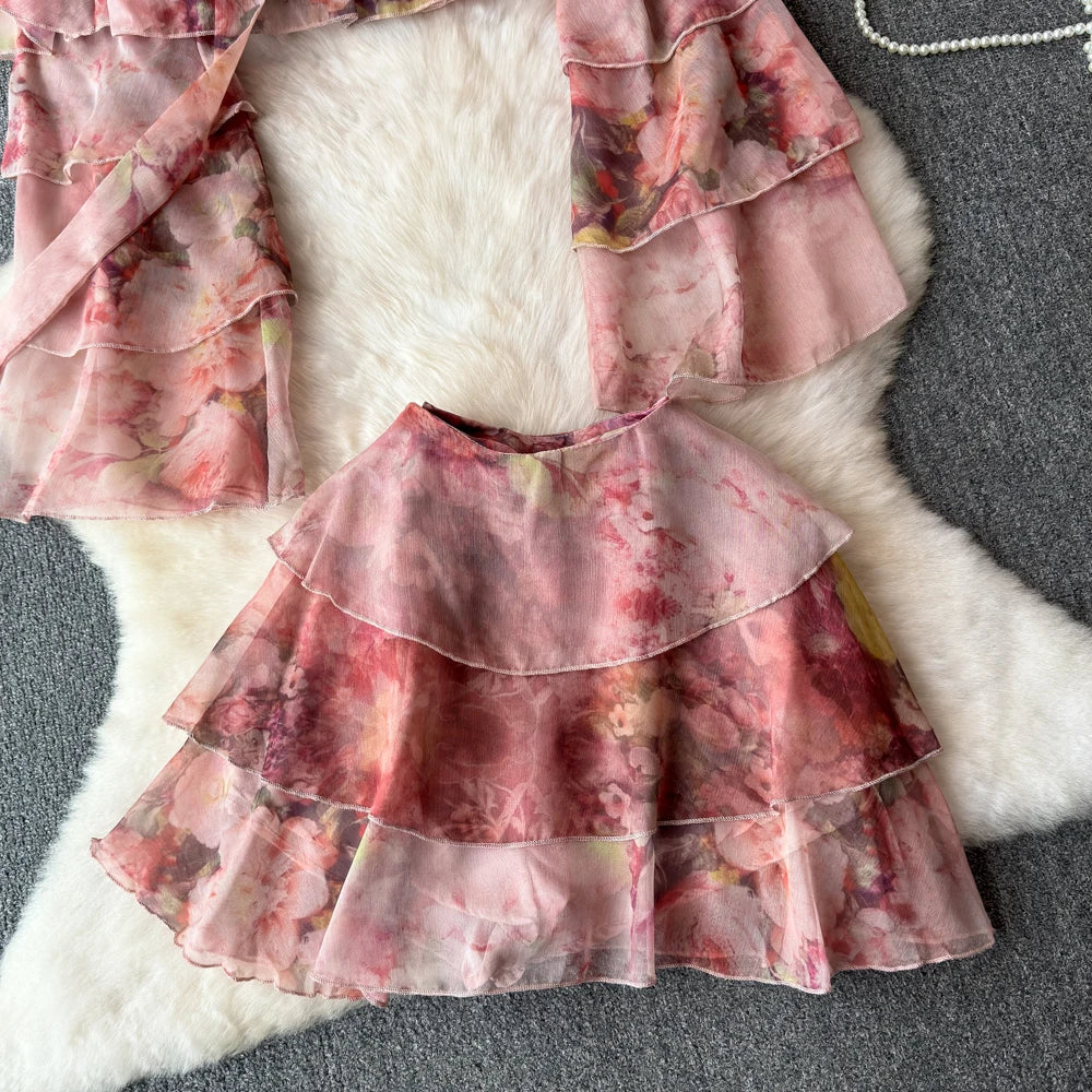 Holiday Ruffles Beach Skirts Suit Women Fashion Off Shoulder Floral Chiffon Tops  High Waist Mini Skirt Womens Two Peice Sets