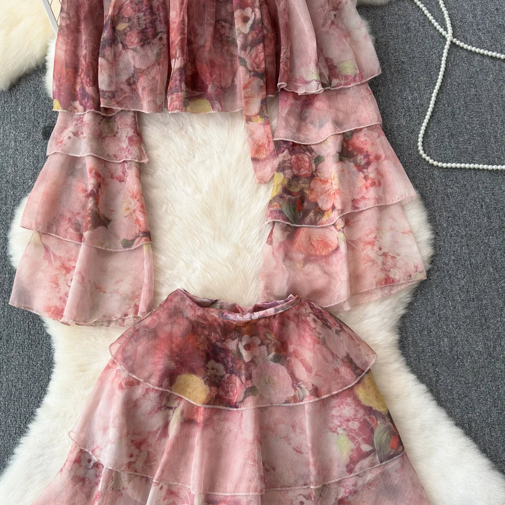 Holiday Ruffles Beach Skirts Suit Women Fashion Off Shoulder Floral Chiffon Tops  High Waist Mini Skirt Womens Two Peice Sets