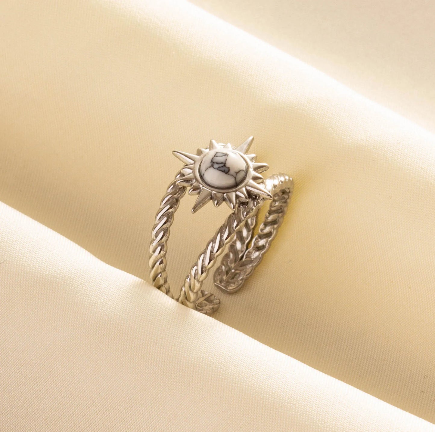 Chic Bohemian White Turquoise Statement Silver Color Ring Stainless Steel Opening Adjustable Boho Ring Jewelry Gifts Never Fade