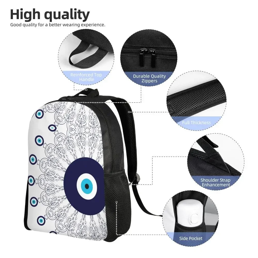 Custom Navy Blue White Mediterranean Evil Eye Mandala Pattern Backpacks Men Casual Bookbag for School College Bohemian Boho Bags