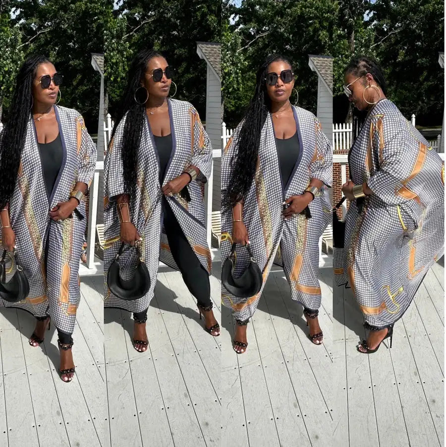 African Summer Fashion Lady Boho Silk Printed Loose Long Cardigans Causal Europe Women Beach Swimwear Duster Coats Muslim Robe